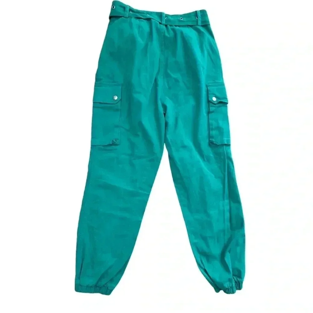 Cargo Green Pants with Belt, Pocket and Cropped/ Full Length High Waisted Jogger